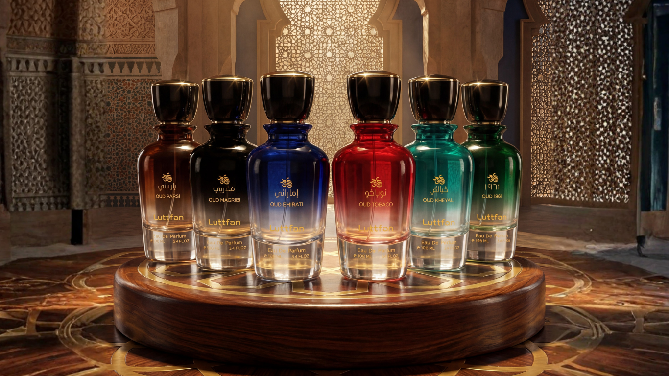 Six colorful perfume bottles of Oud Collection by Luttfan
