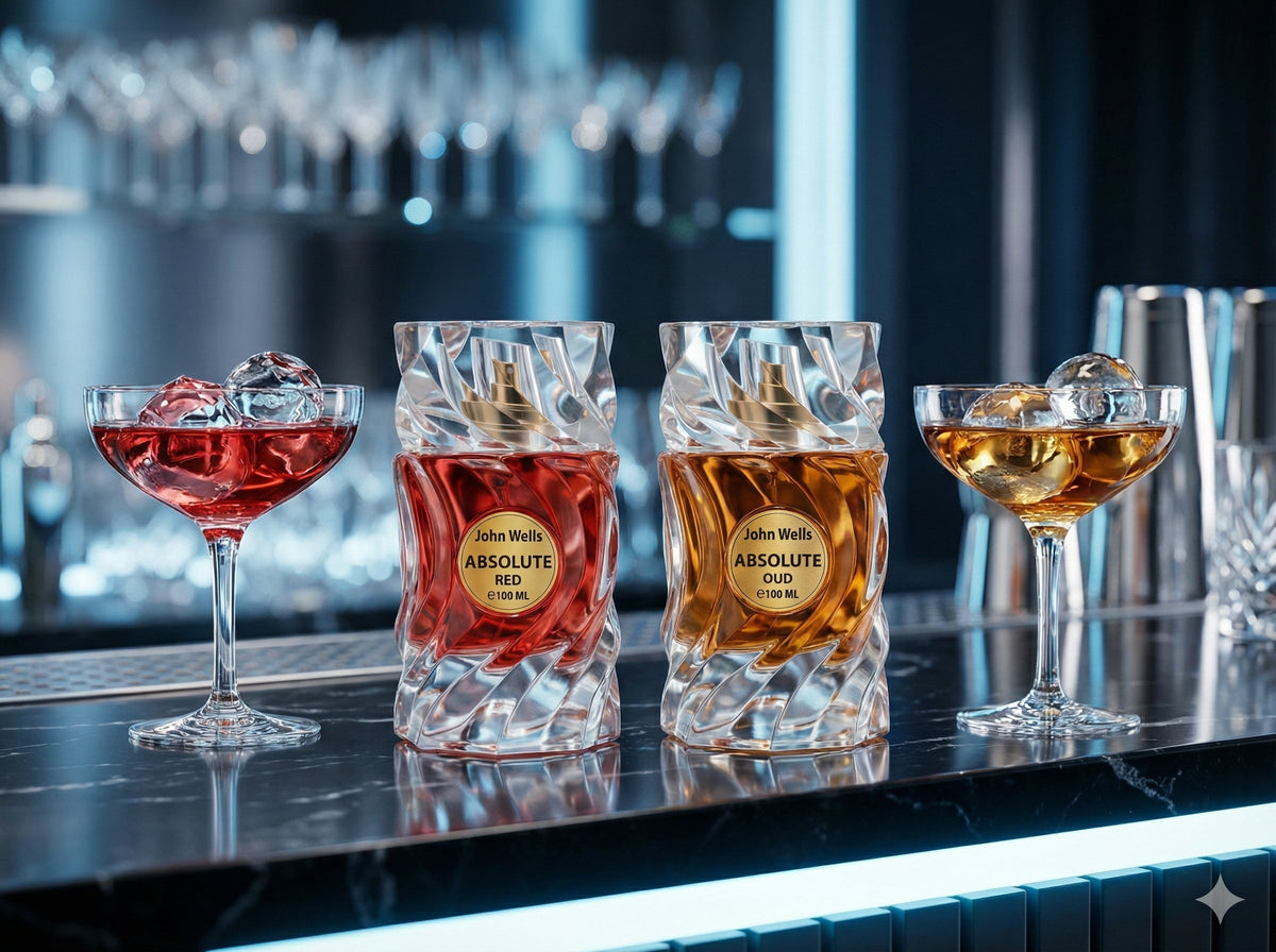 on a bar top two Perfume bottle from Absolute Collection by John Wells, 