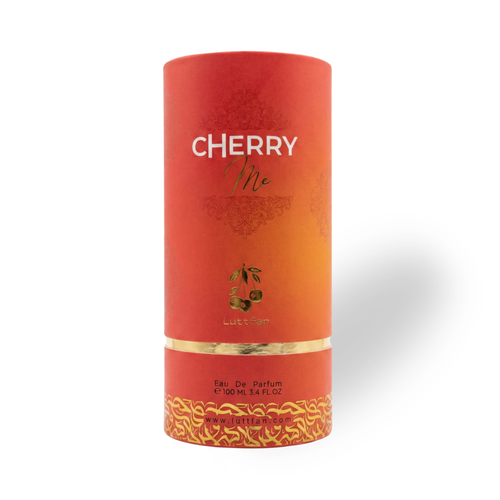 Cherry_Me_100_ML_EDP_Box_by_Luttfan Red cylindrical perfume bottle with 'Cherry Me' branding on a white background
