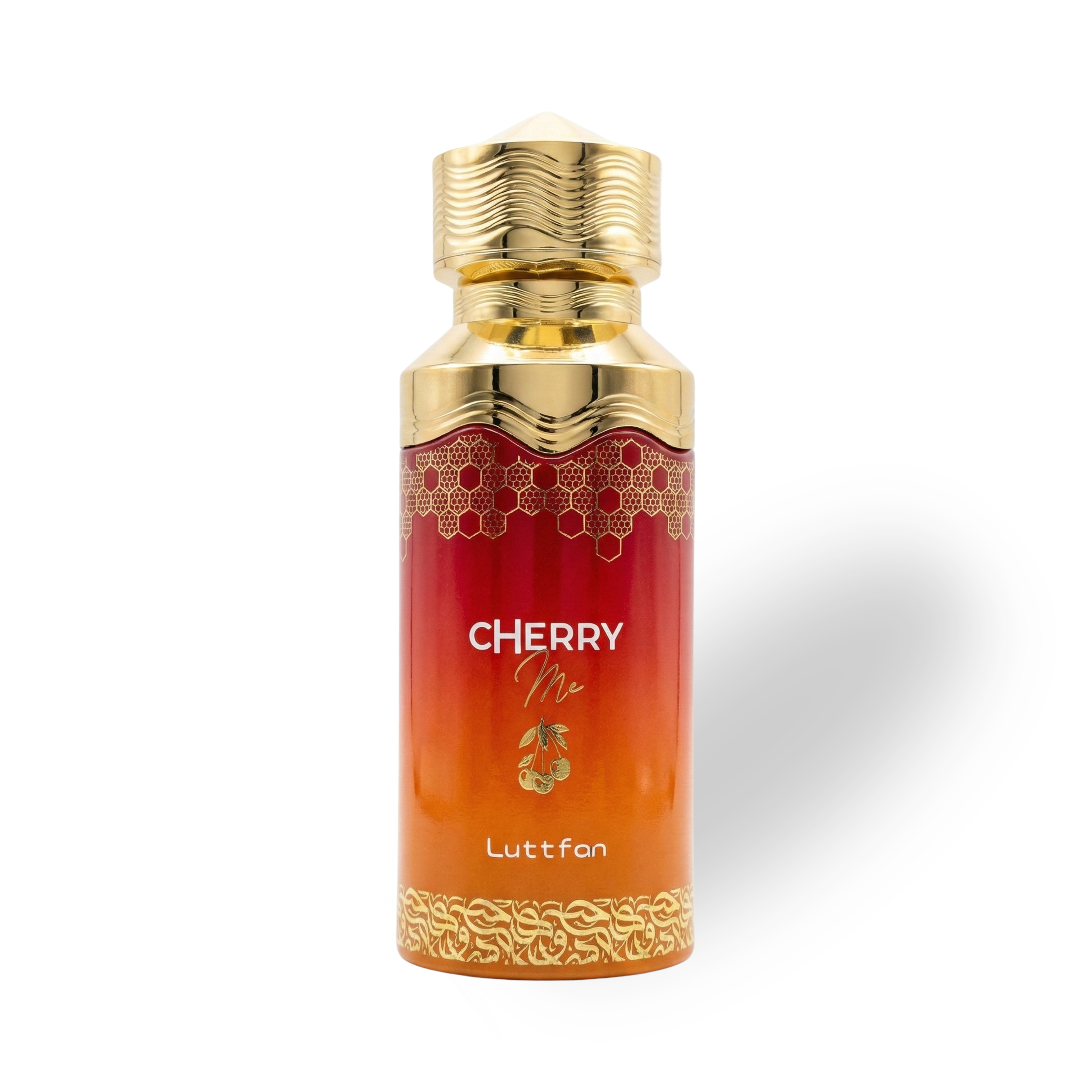 Cherry_Me_100_ML_EDP_by_Luttfan Luttfan Cherry Me perfume bottle with gold cap and decorative design on a white background