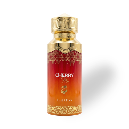 Cherry_Me_100_ML_EDP_by_Luttfan Luttfan Cherry Me perfume bottle with gold cap and decorative design on a white background
