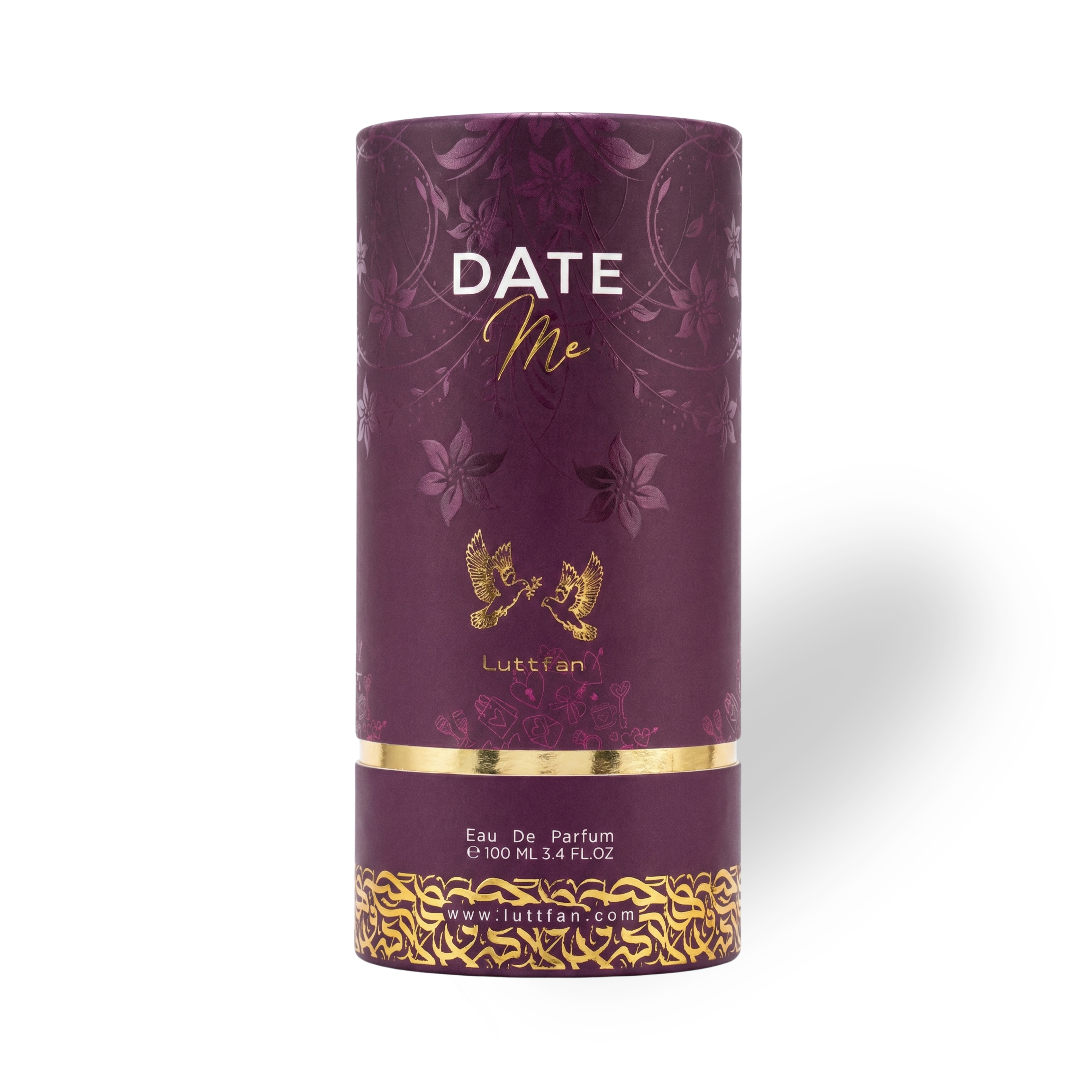 Date_Me_100_ML_EDP_Box_by_Luttfan Purple cylindrical perfume bottle with gold accents on a white background