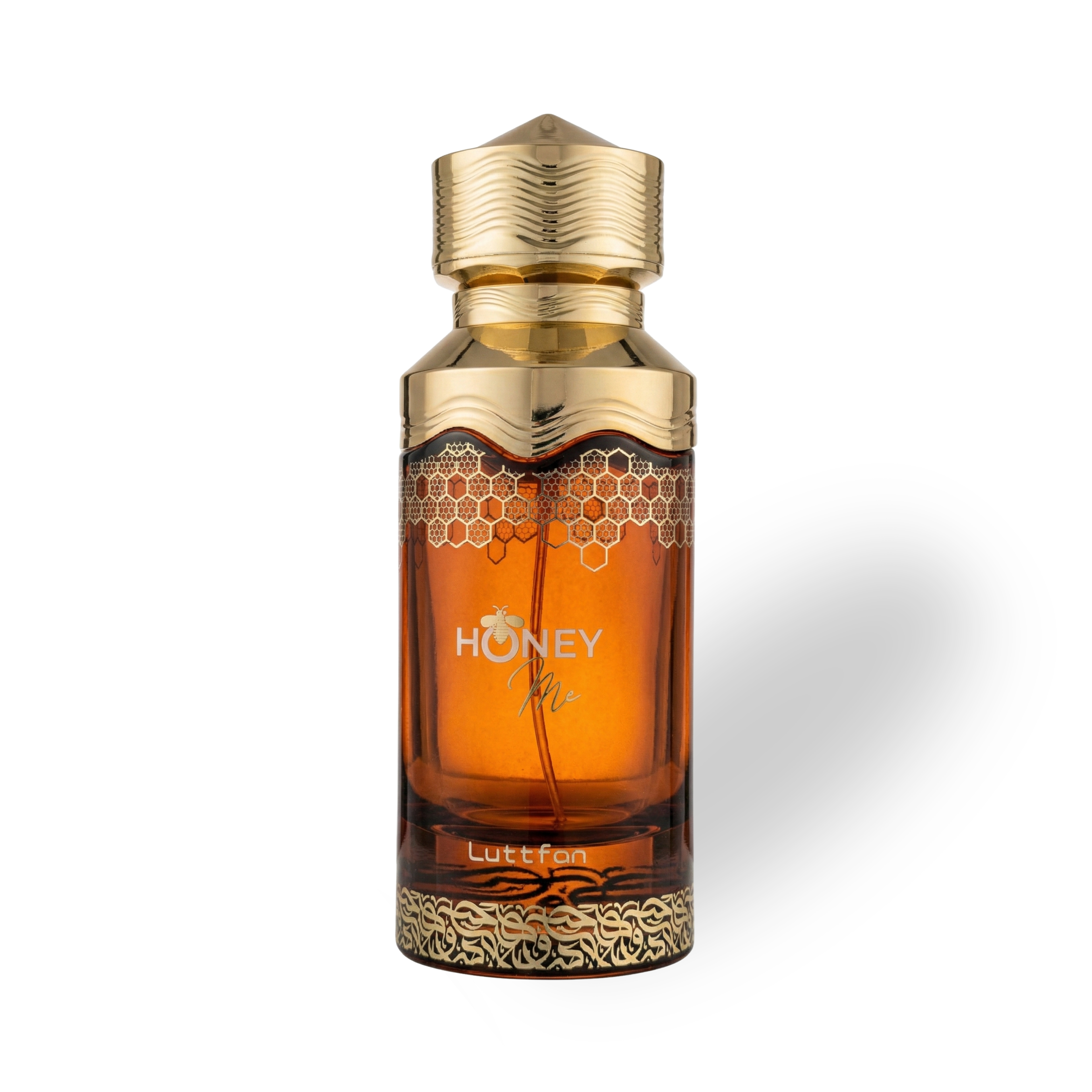 Honey_Me_100_ML_EDP_by_Luttfan Perfume bottle labeled 'Honey' by Lut fon with gold cap and decorative design on a white background
