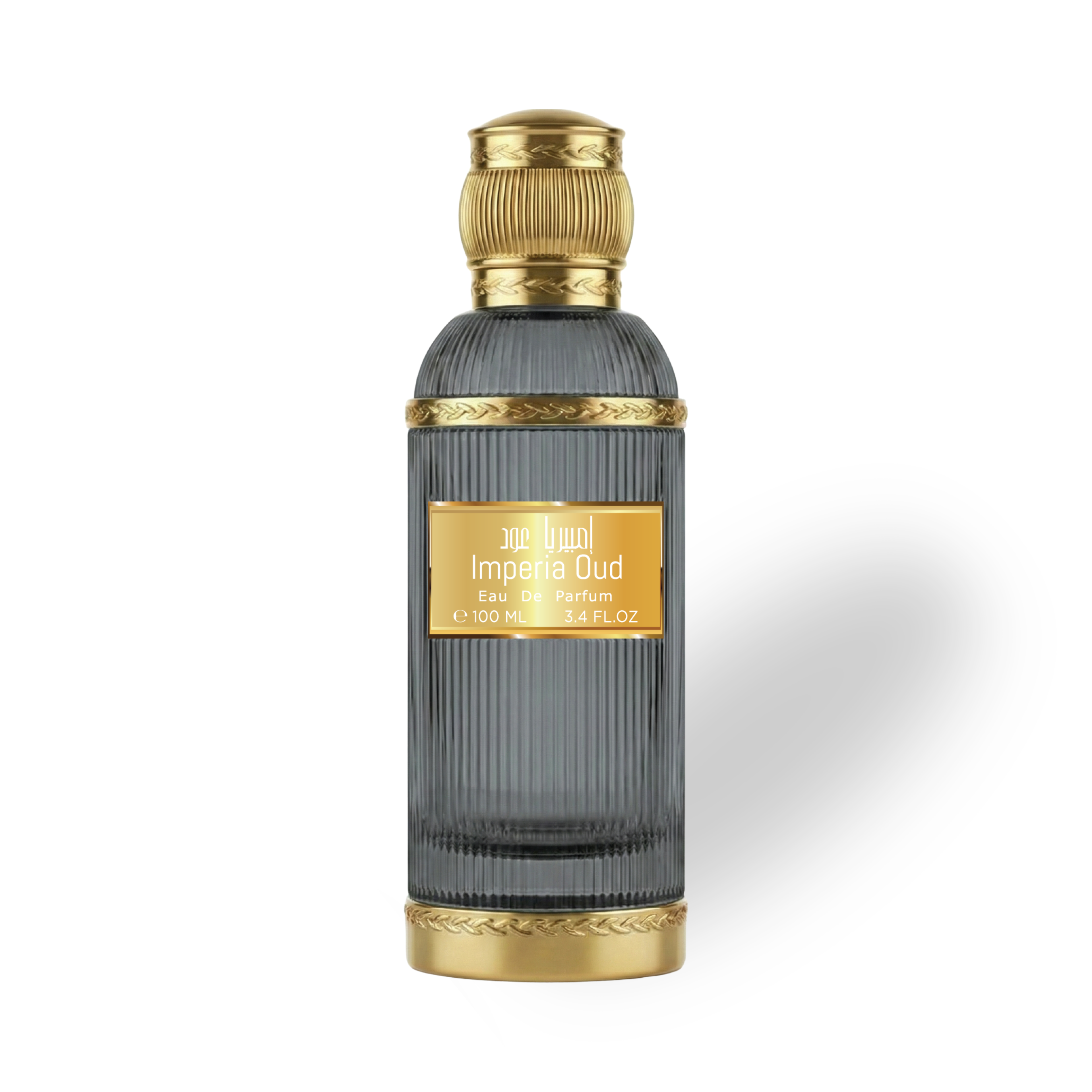 Imperia_Oud_100_ML_EDP_by_Luttfan Perfume bottle with gold cap and label on a white background