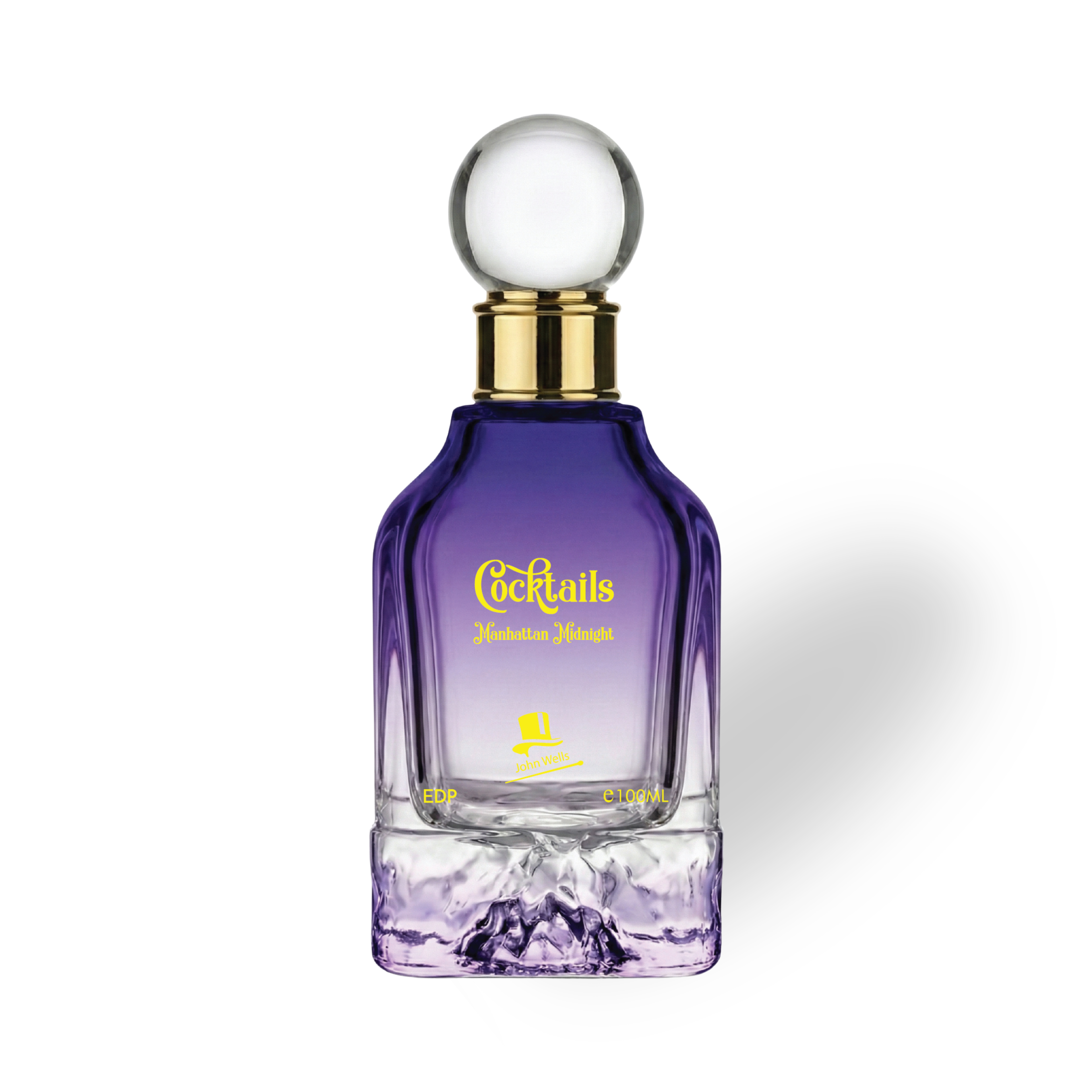 Manhattan_Midnight_100_ML_EDP_by_John_Wells Purple perfume bottle with gold cap on a white background
