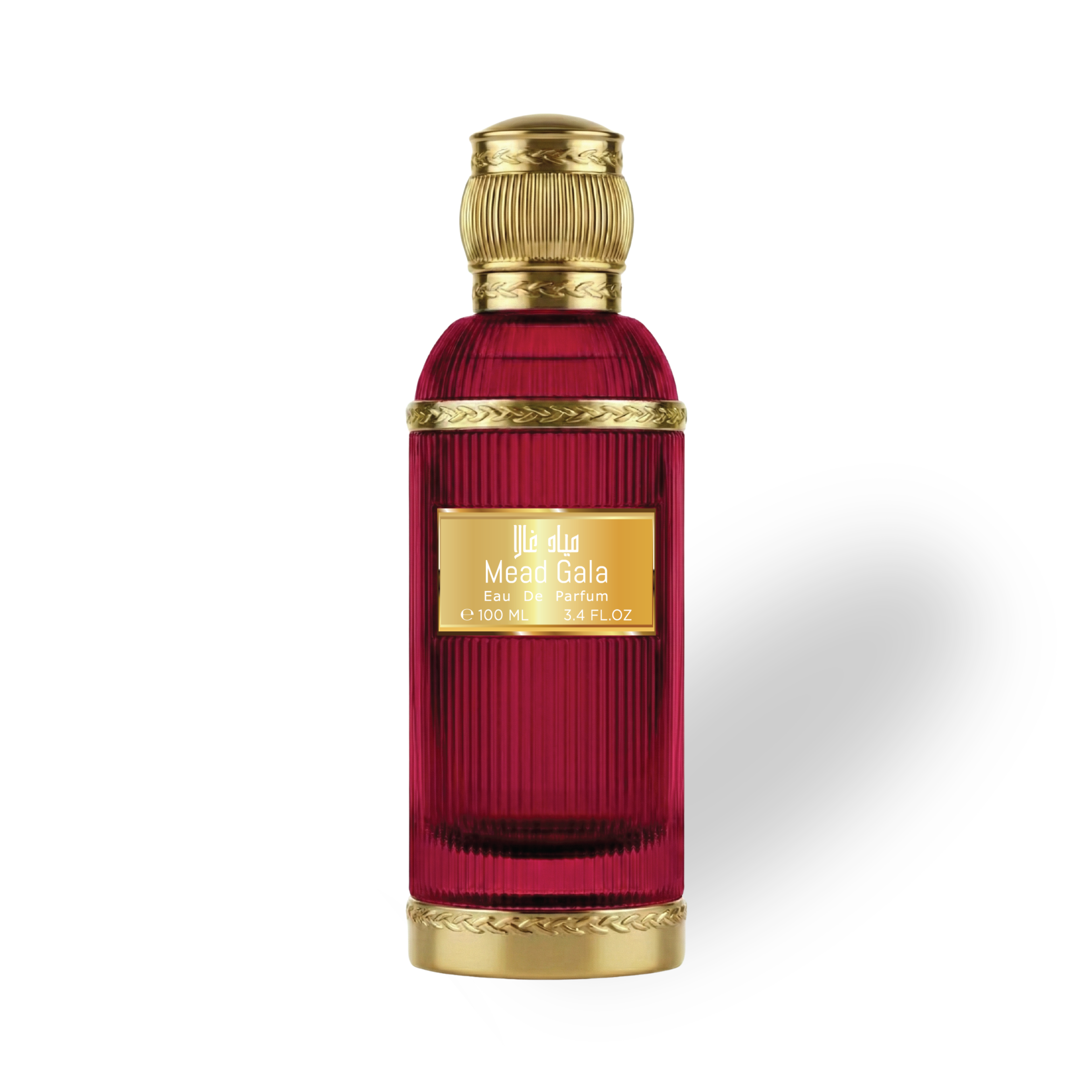 Mead_Gala_100_ML_EDP_by_Luttfan Red perfume bottle with gold cap and label on a white background