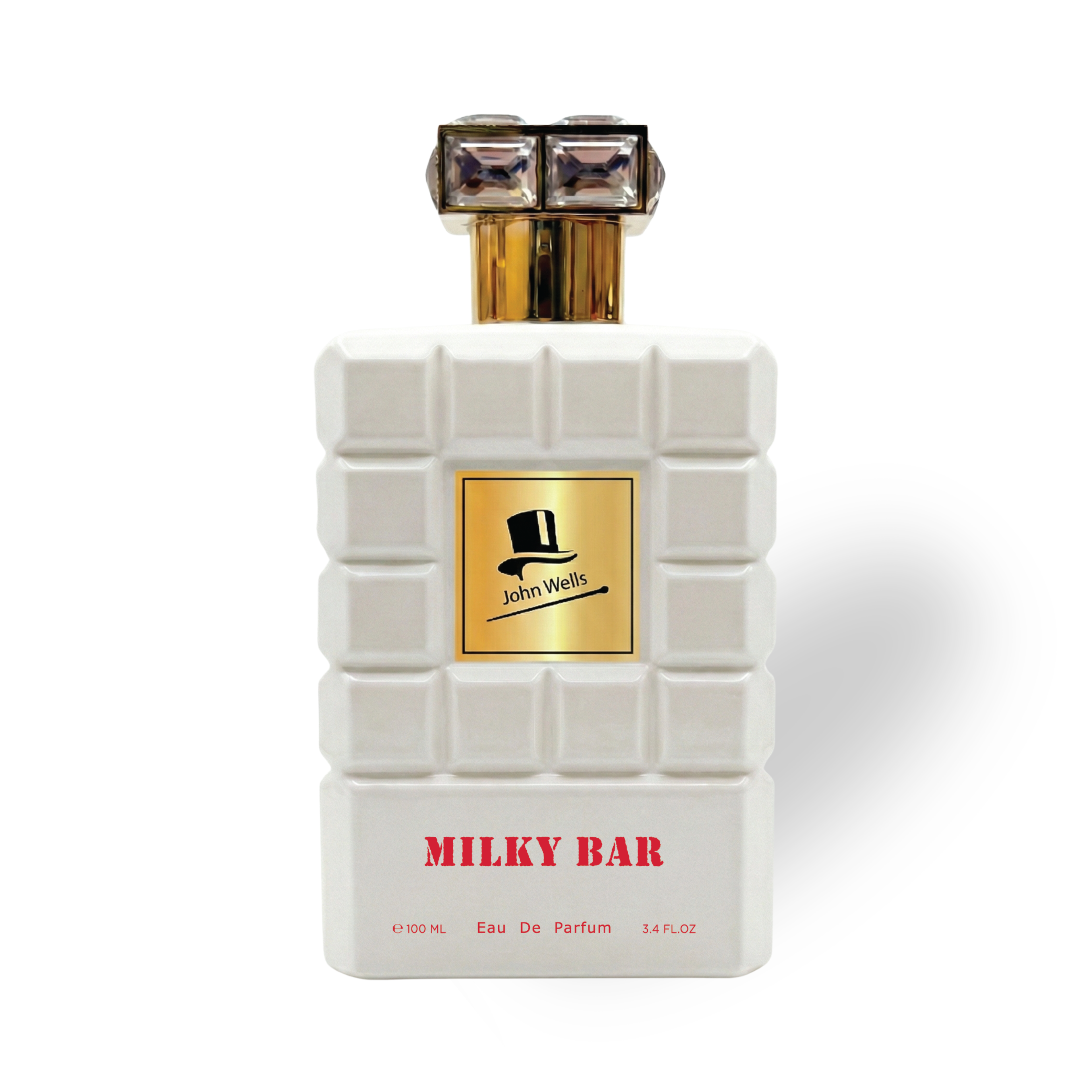 Milky_Bar_100_ML_EDP_by_John_Wells Perfume bottle labeled 'Milky Bar' with a gold cap on a white background