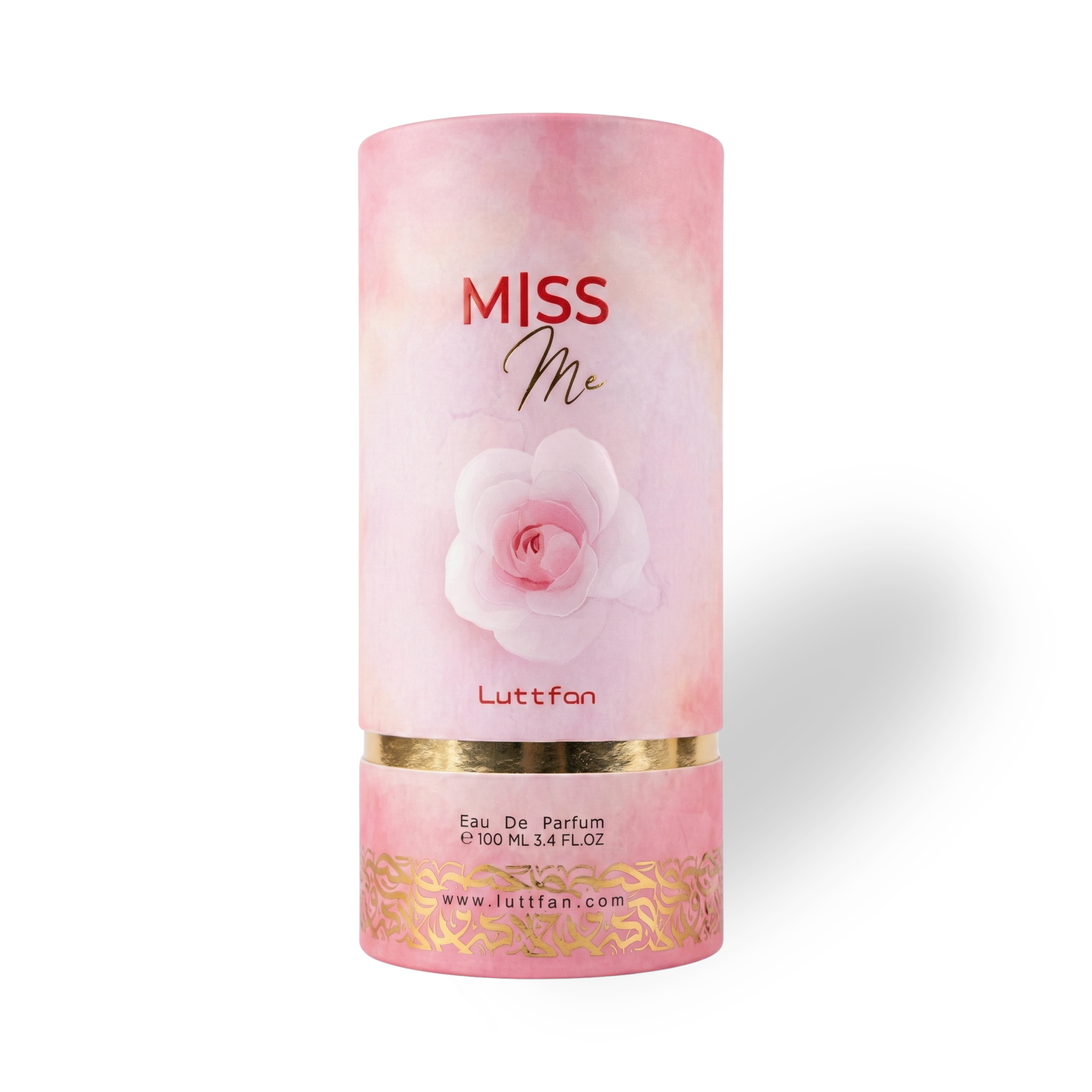 Luttfan Miss Me perfume bottle Packaging  with floral design on a white background