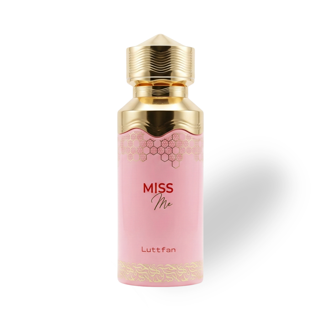 Miss_Me_100_ML_EDP_by_Luttfan Pink perfume bottle with gold cap and 'MISS ME' text on a white background