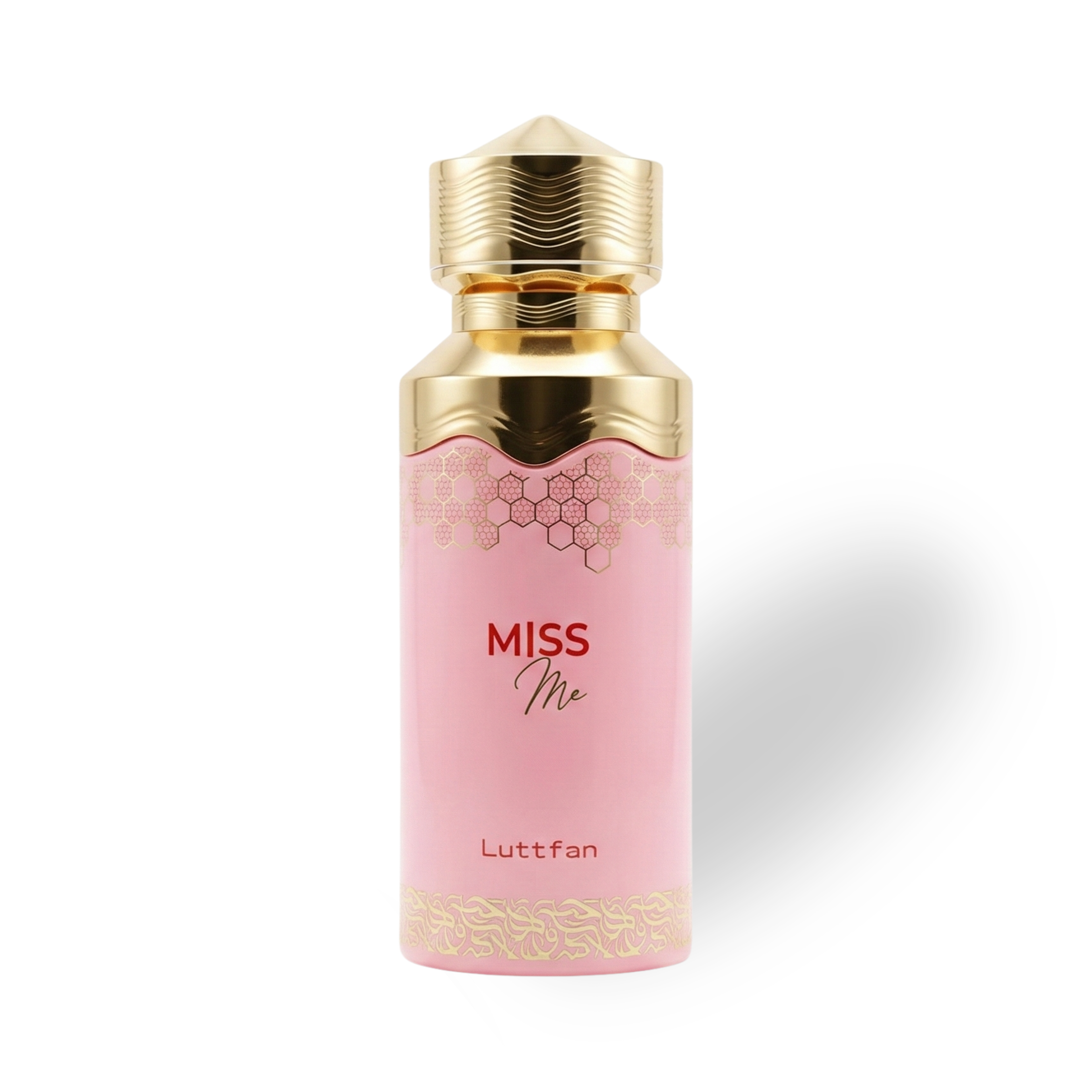 Miss_Me_100_ML_EDP_by_Luttfan Pink perfume bottle with gold cap and 'MISS ME' text on a white background