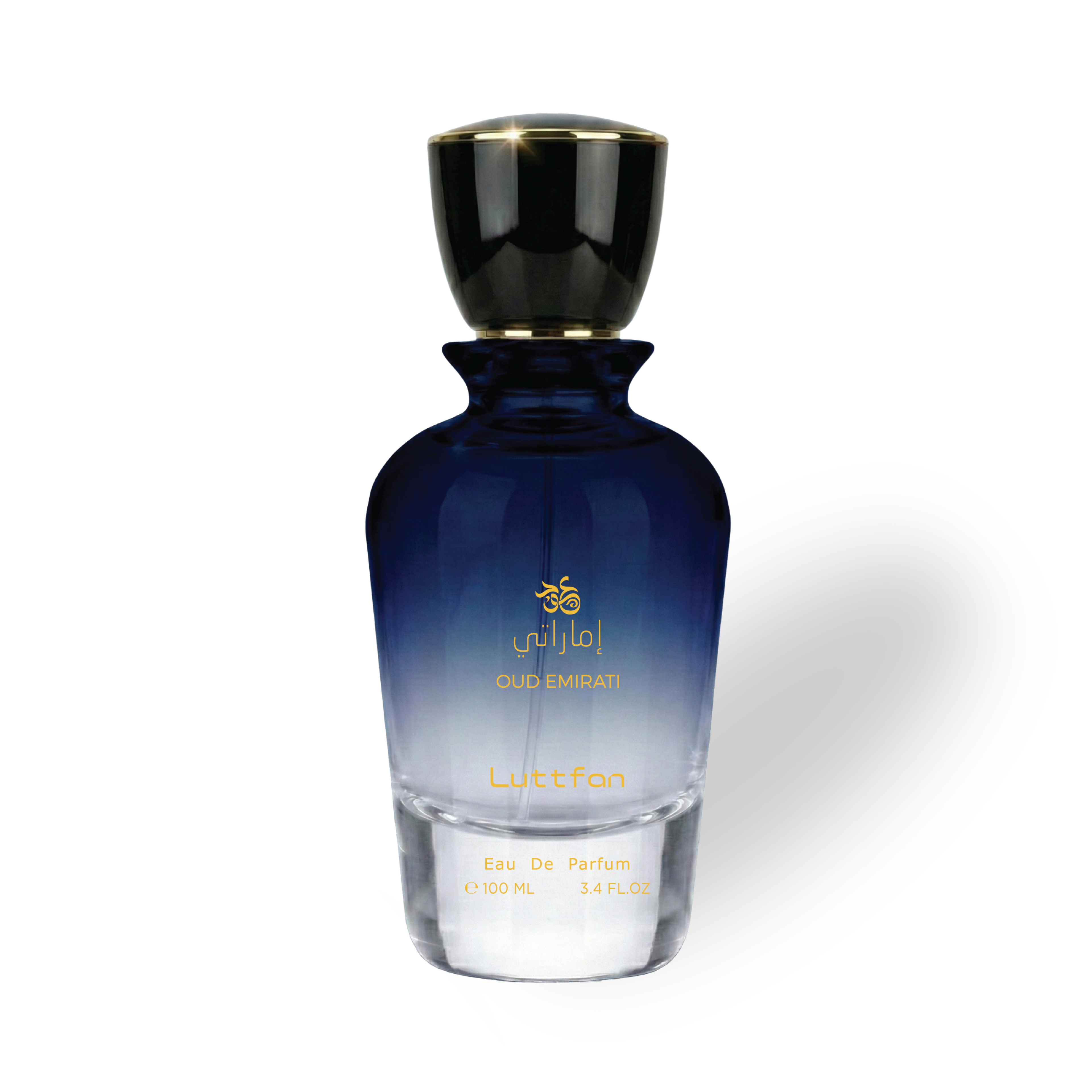 Oud_Emirati_100_ML_EDP_by_Luttfan Blue perfume bottle with gold cap on a white background