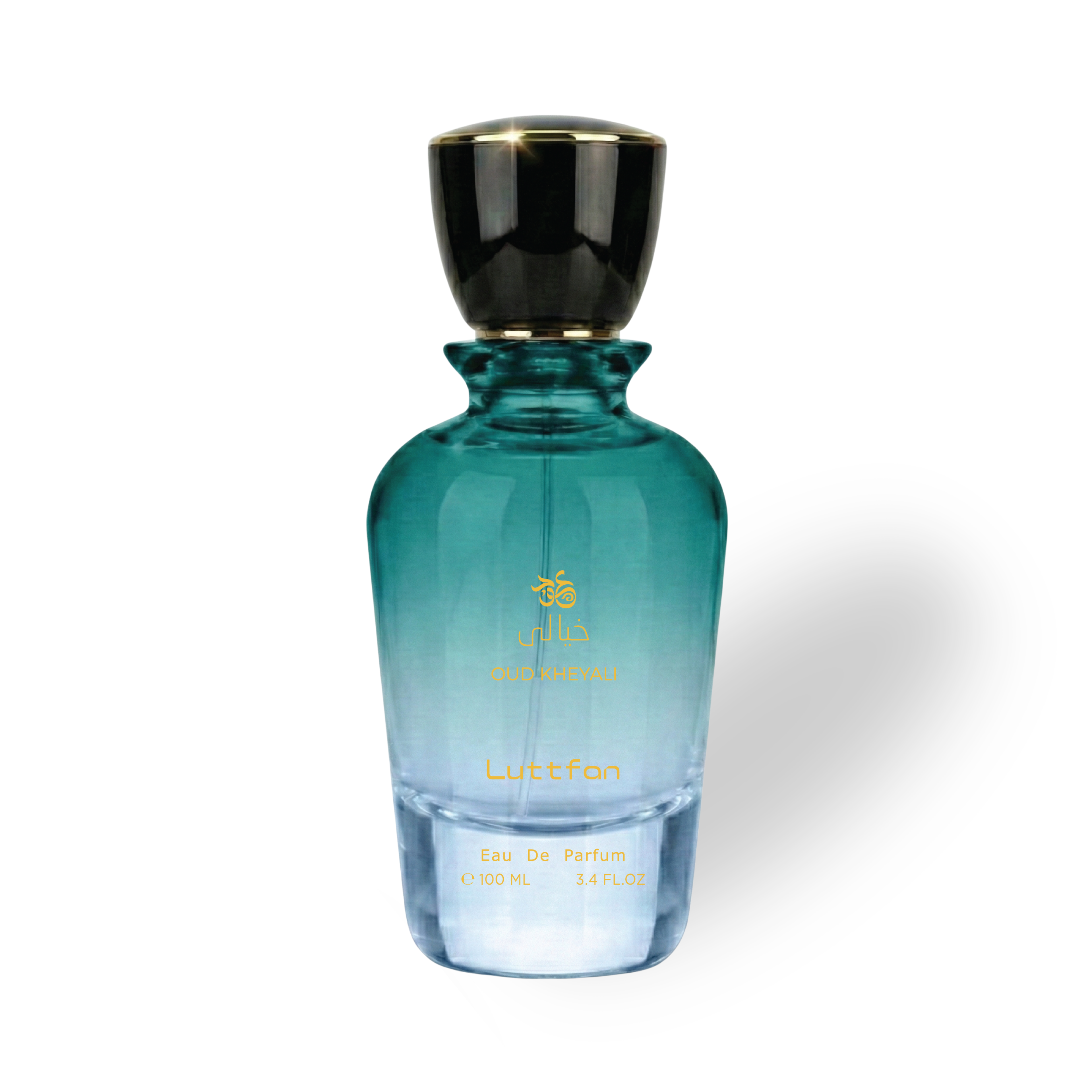 Oud_Kheyali_100_ML_EDP_by_Luttfan Blue perfume bottle with black cap on a white background