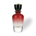 Oud_Tobacco_100_ML_EDP_by_Luttfan Red and clear perfume bottle with gold cap on a white background