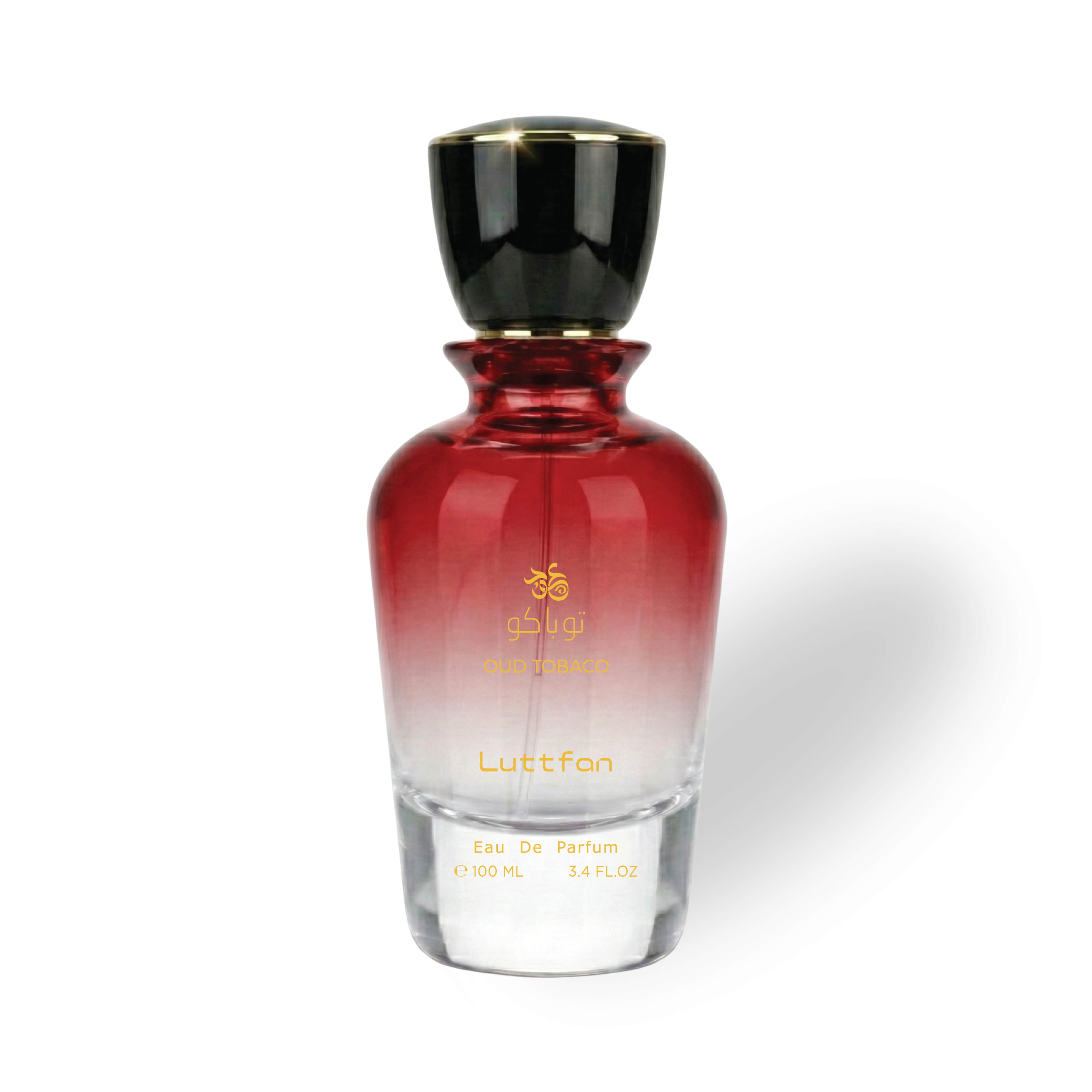 Oud_Tobacco_100_ML_EDP_by_Luttfan Red and clear perfume bottle with gold cap on a white background