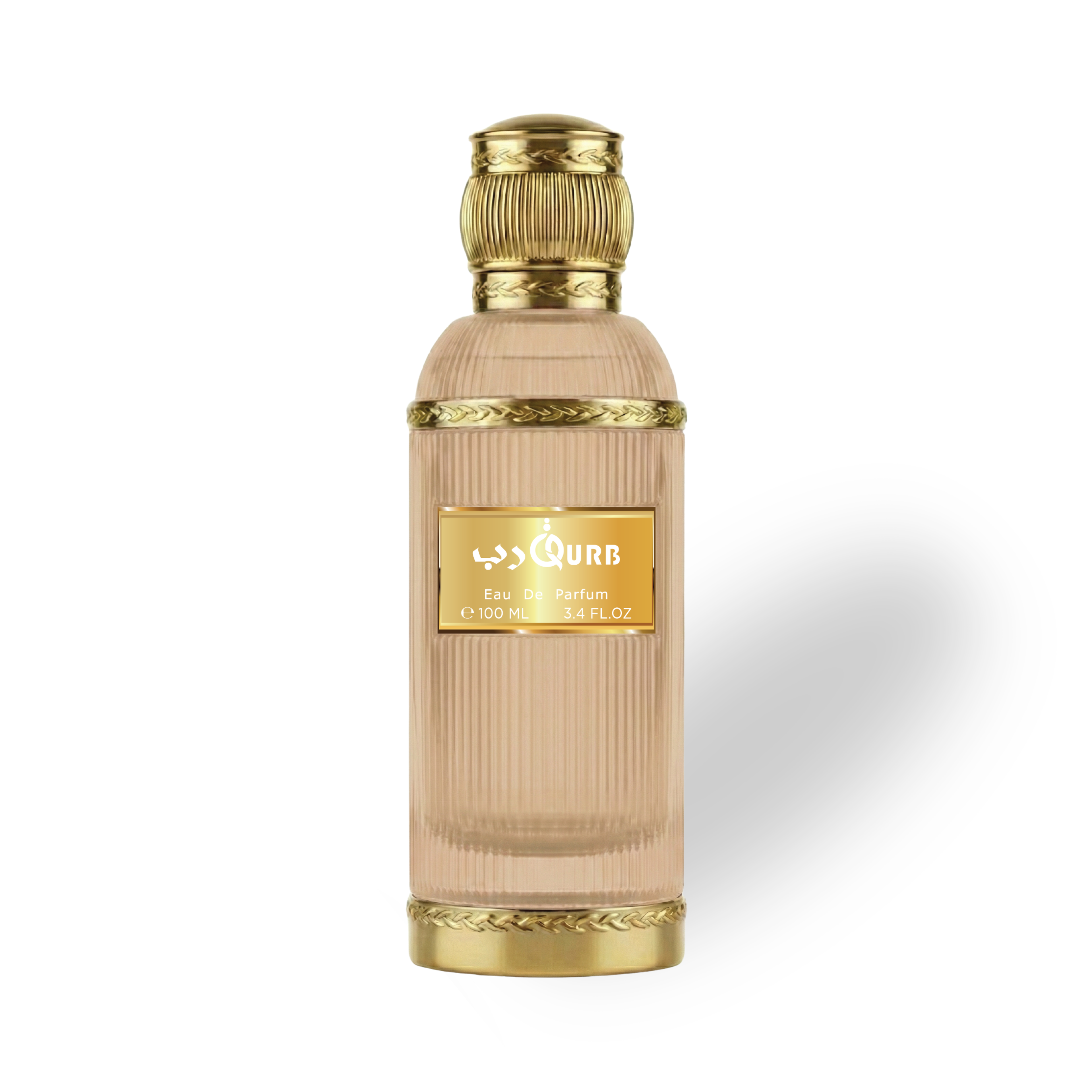 Qurb_100_ML_EDP_by_Luttfan Perfume bottle with gold cap and label on a white background