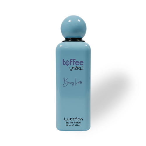 Toffee_Berry_Latte_100_ML_EDP_by_Luttfan Blue perfume bottle labeled 'Toffee' on a white background