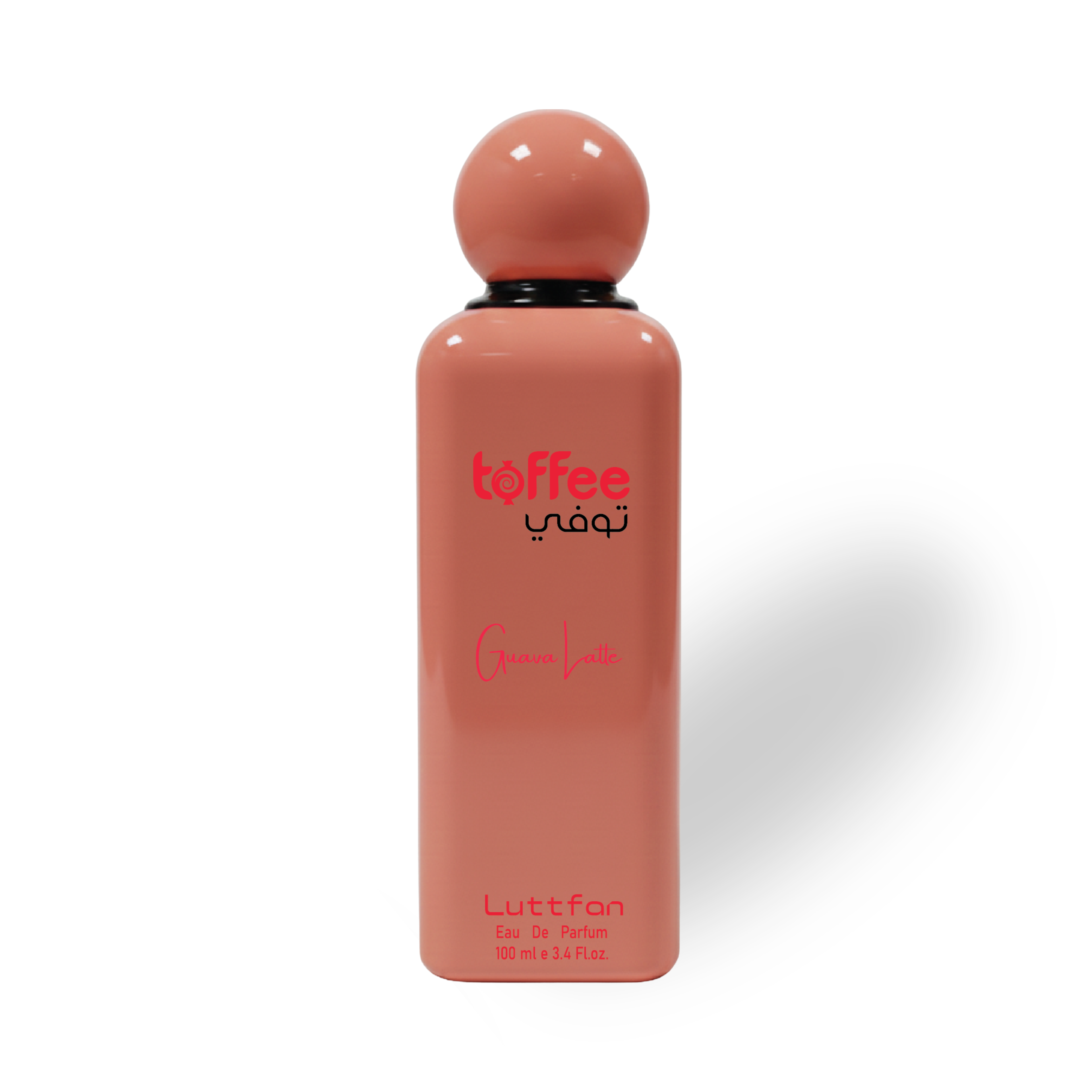 Toffee_Guava_Latte_100_ML_EDP_by_Luttfan Coral-colored perfume bottle with 'Luttfan' branding on a white background